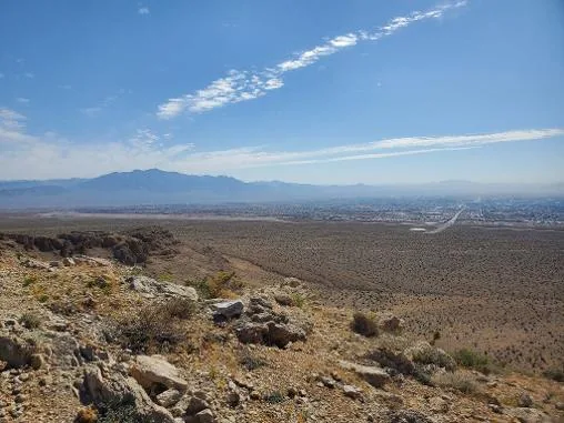 The Las Vegas valley spread out below a rocky overlook