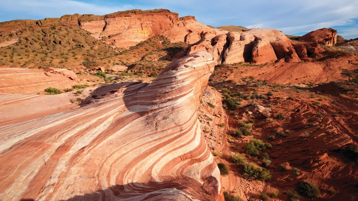 The Fire Wave: banded red and white sandstone curving through Valley of Fire